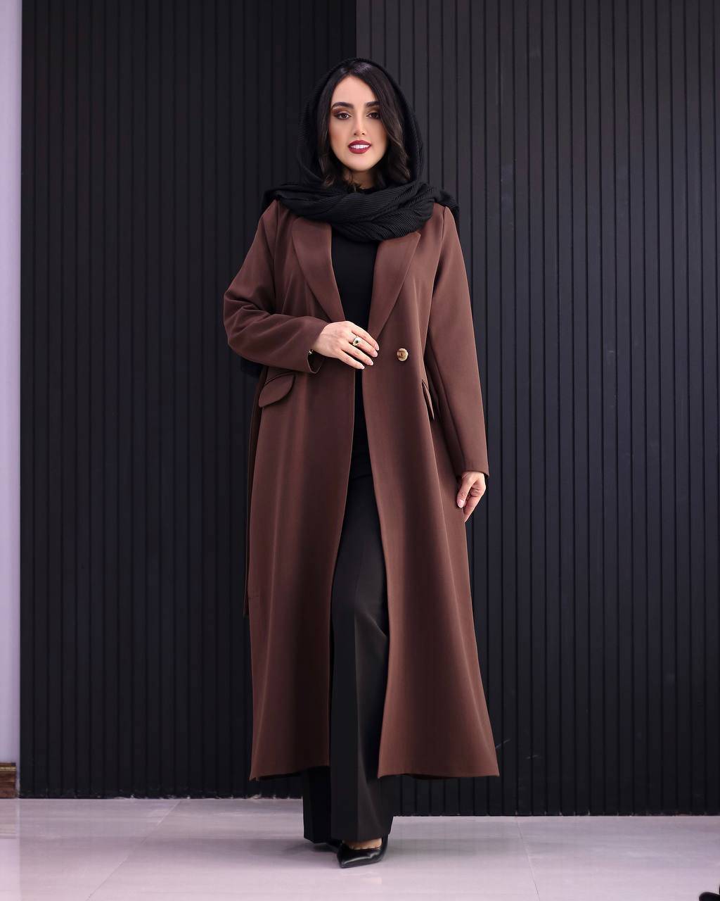 مانتو یقه انگلیسی کمربند دار سایه