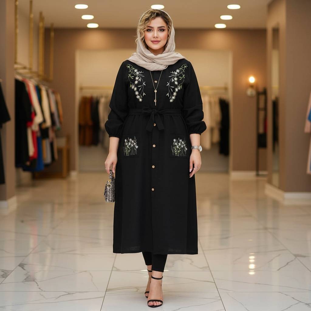 مانتو کاربردی شانتون گلدوزی نهال