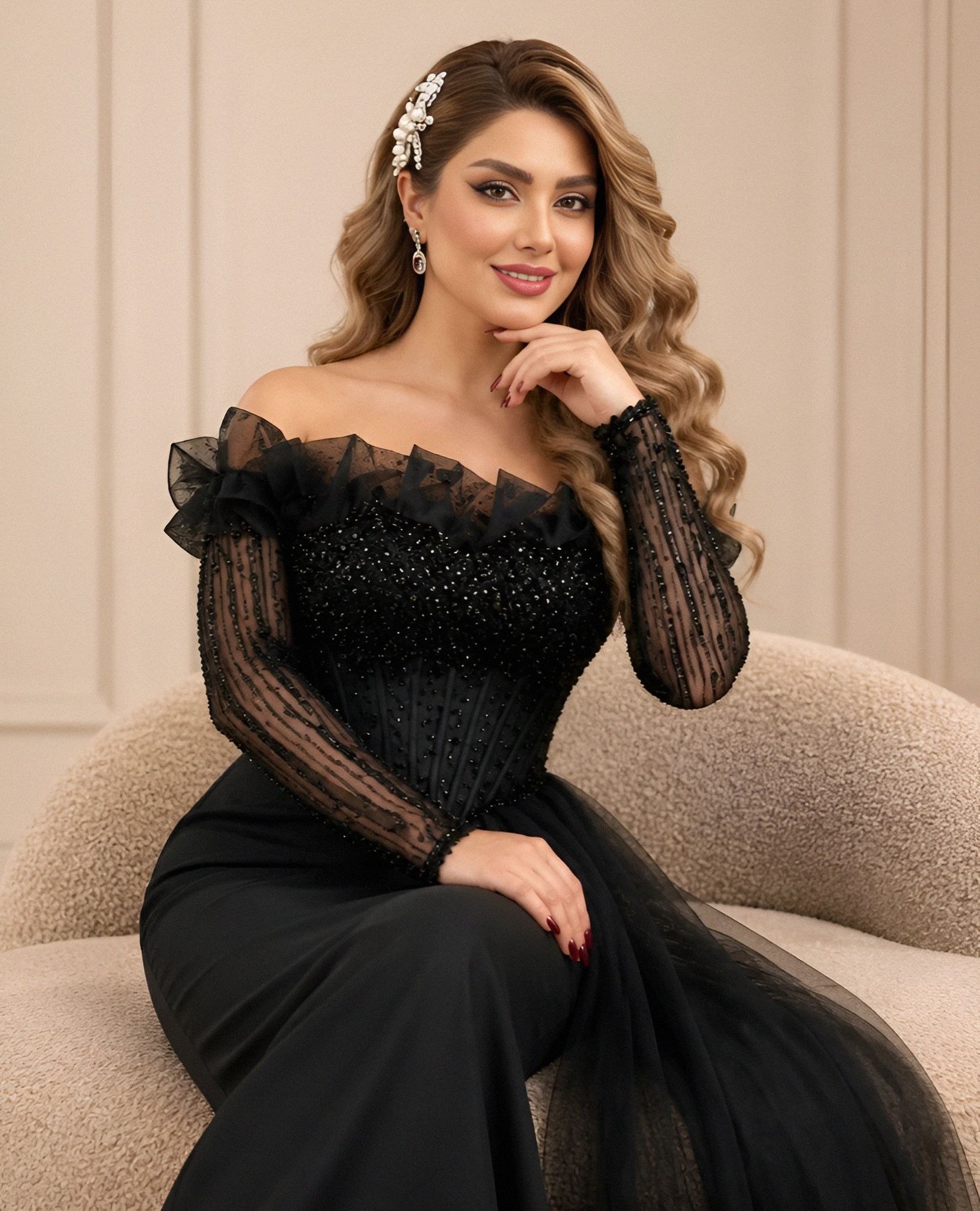 پیراهن مجلسی سنگ دوزی و تور ملورین 2