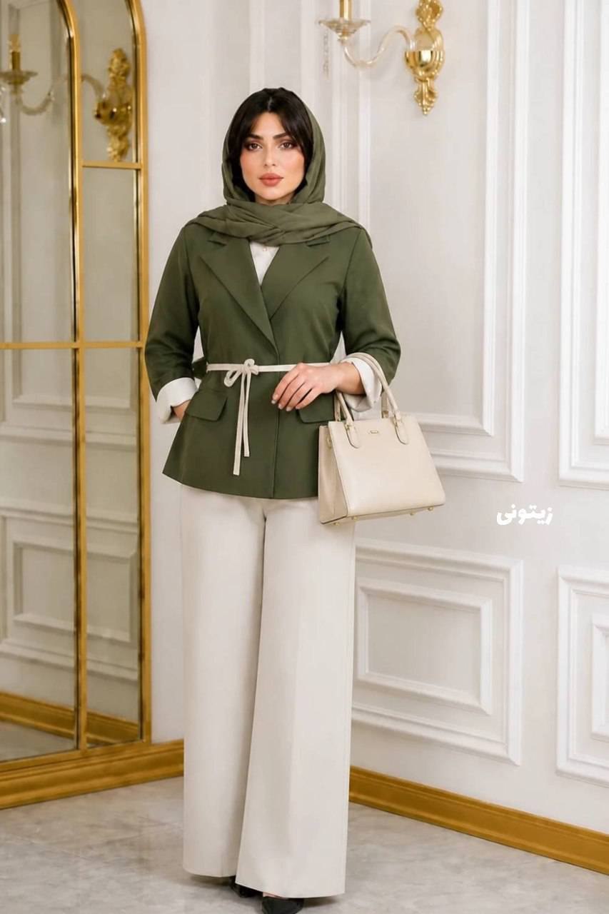 ست کت شلوار ترکیبی کمربند دار هدی