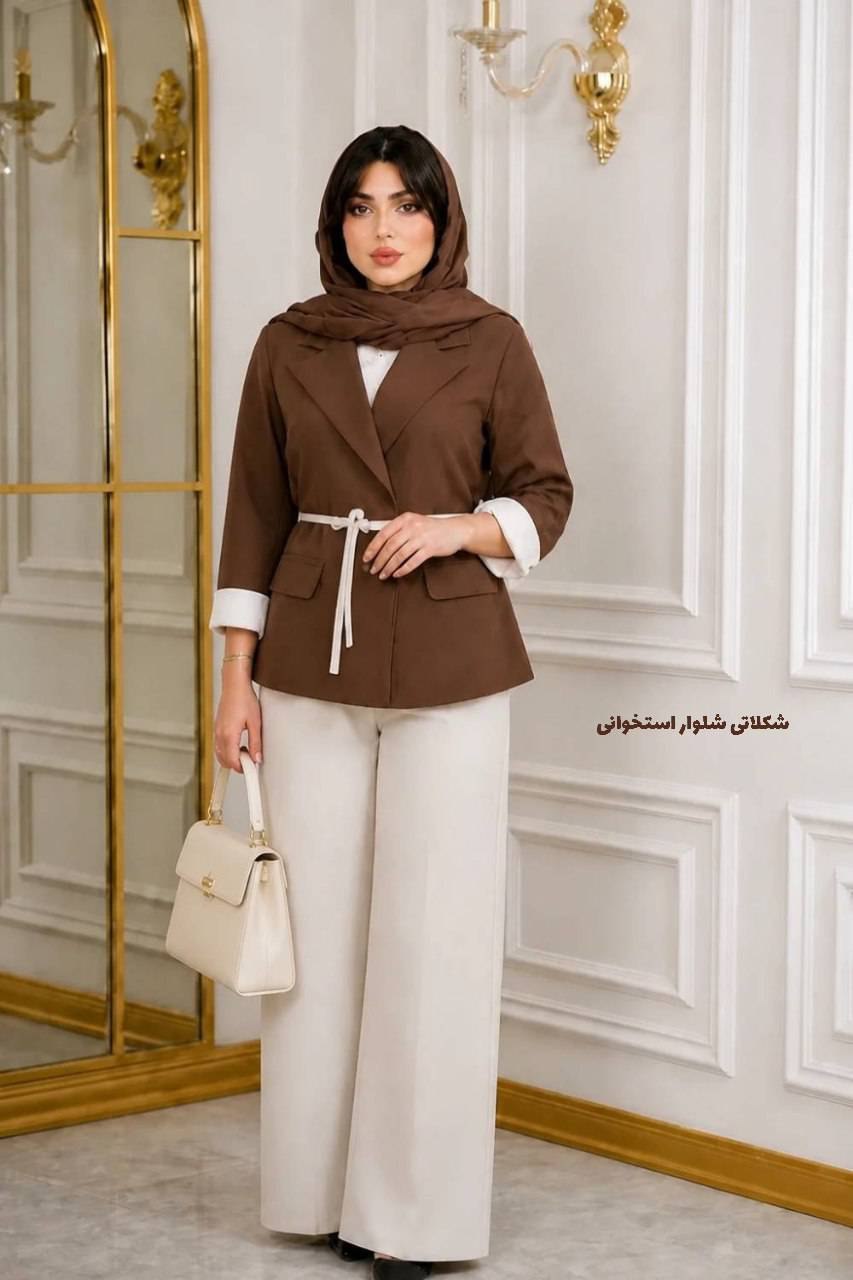 ست کت شلوار ترکیبی کمربند دار هدی