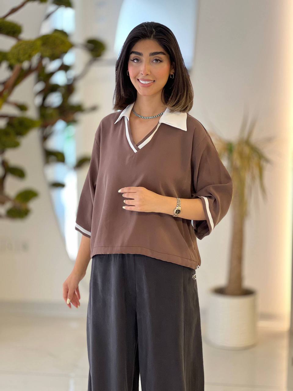 شومیز کتان سیلک یقه سفید پرگاس