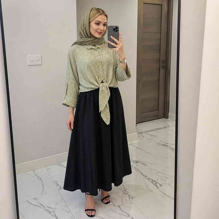 ست شومیز گل گچی جلو گره ای و دامن ستوده