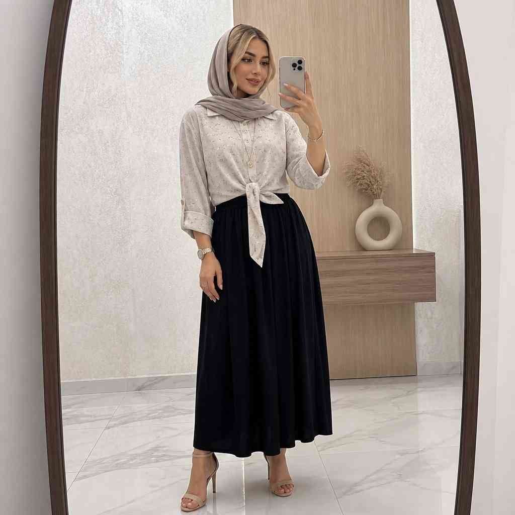 ست شومیز گل گچی جلو گره ای و دامن ستوده