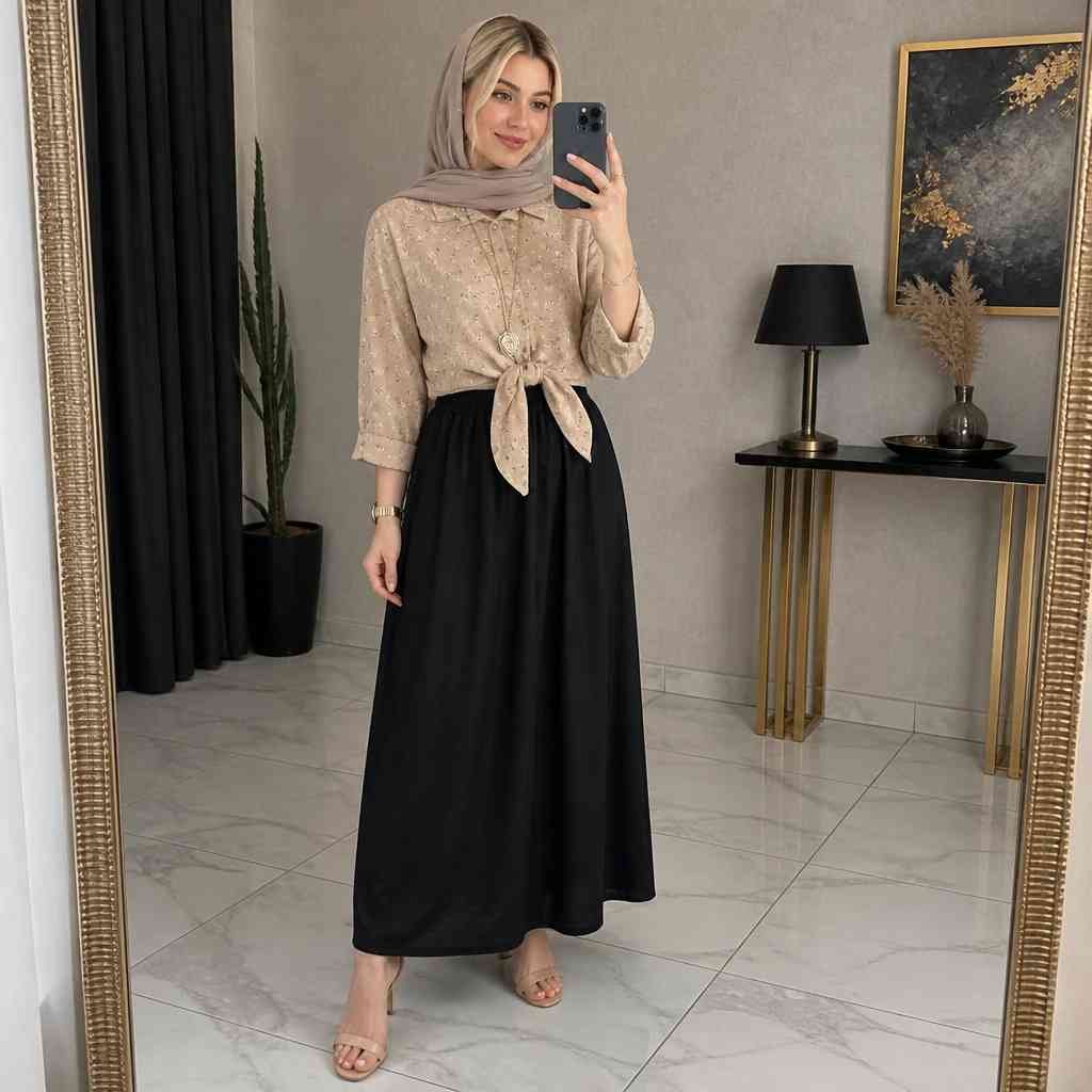 ست شومیز گل گچی جلو گره ای و دامن ستوده