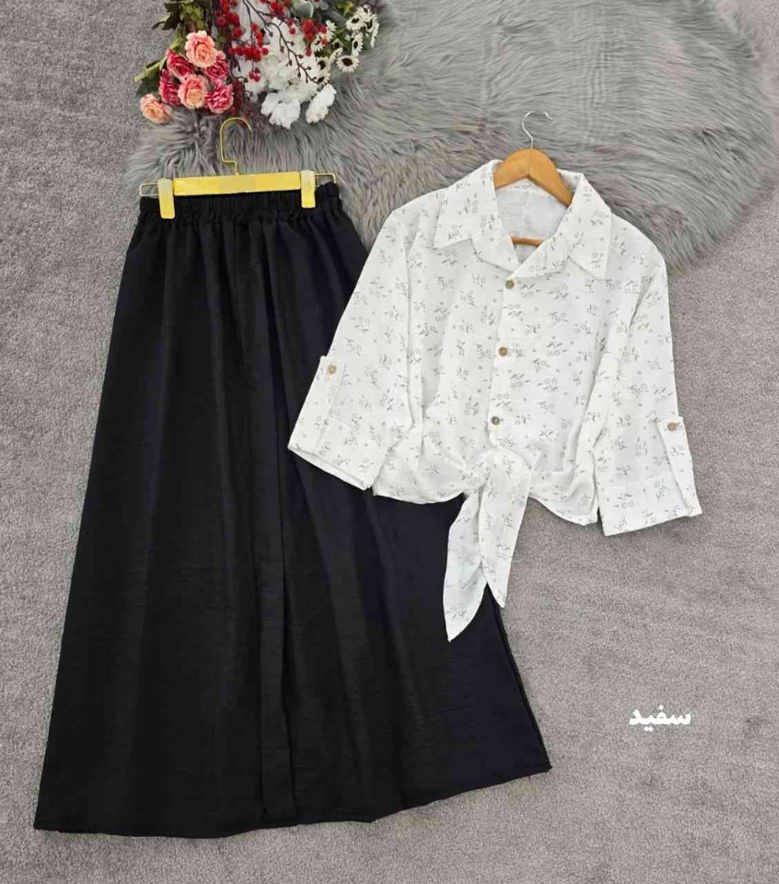 ست شومیز گل گچی جلو گره ای و دامن ستوده