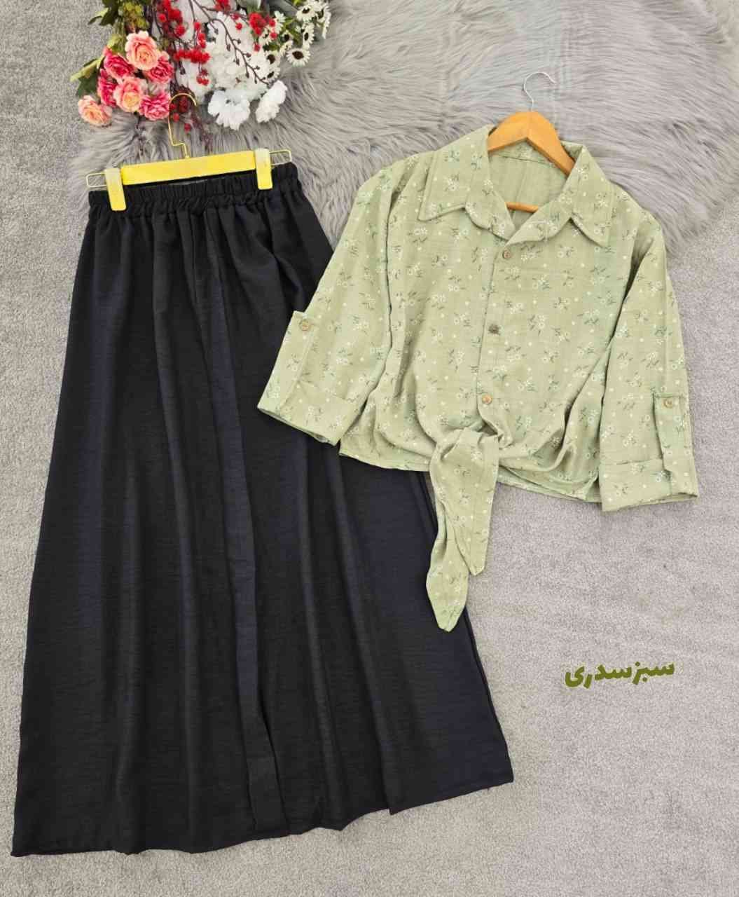 ست شومیز گل گچی جلو گره ای و دامن ستوده