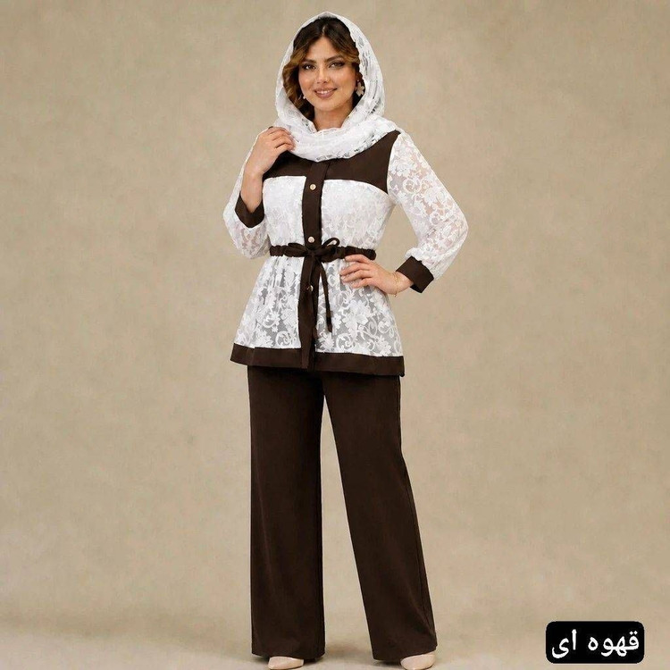 ست شومیز شلوار توری فندق
